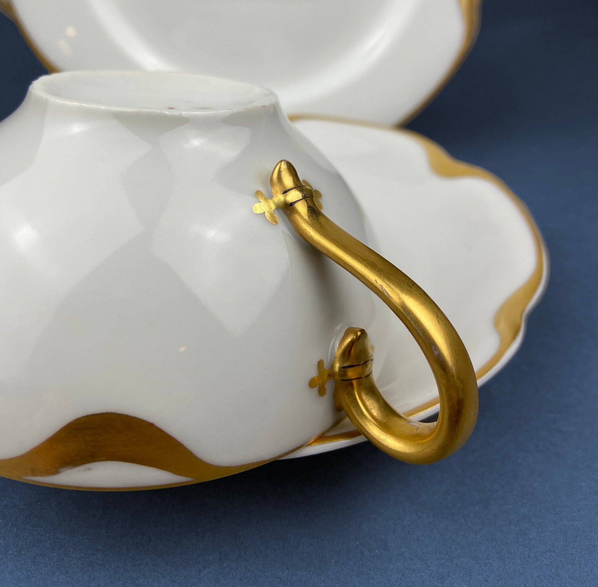 Limoges Haviland Teacup and Saucer, Gold Scalloped Rim, Silver Anniversary Pattern - Tampa Home & Garden Store