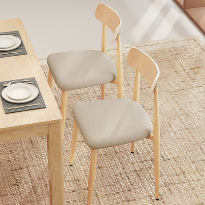 Linen Fabric Upholstered Modern Dining Chair Set of 2 with Padded Seat and Curved Back-Oak