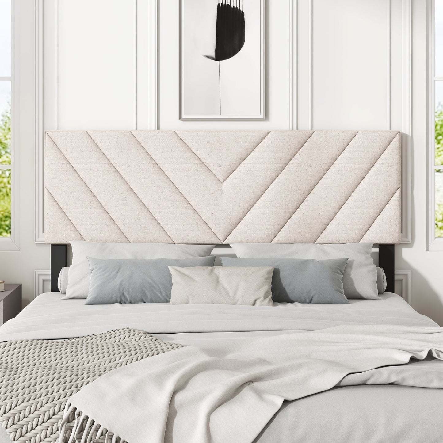 Cabecero tapizado de lino para camas de tamaño matrimonial y queen - Beige
