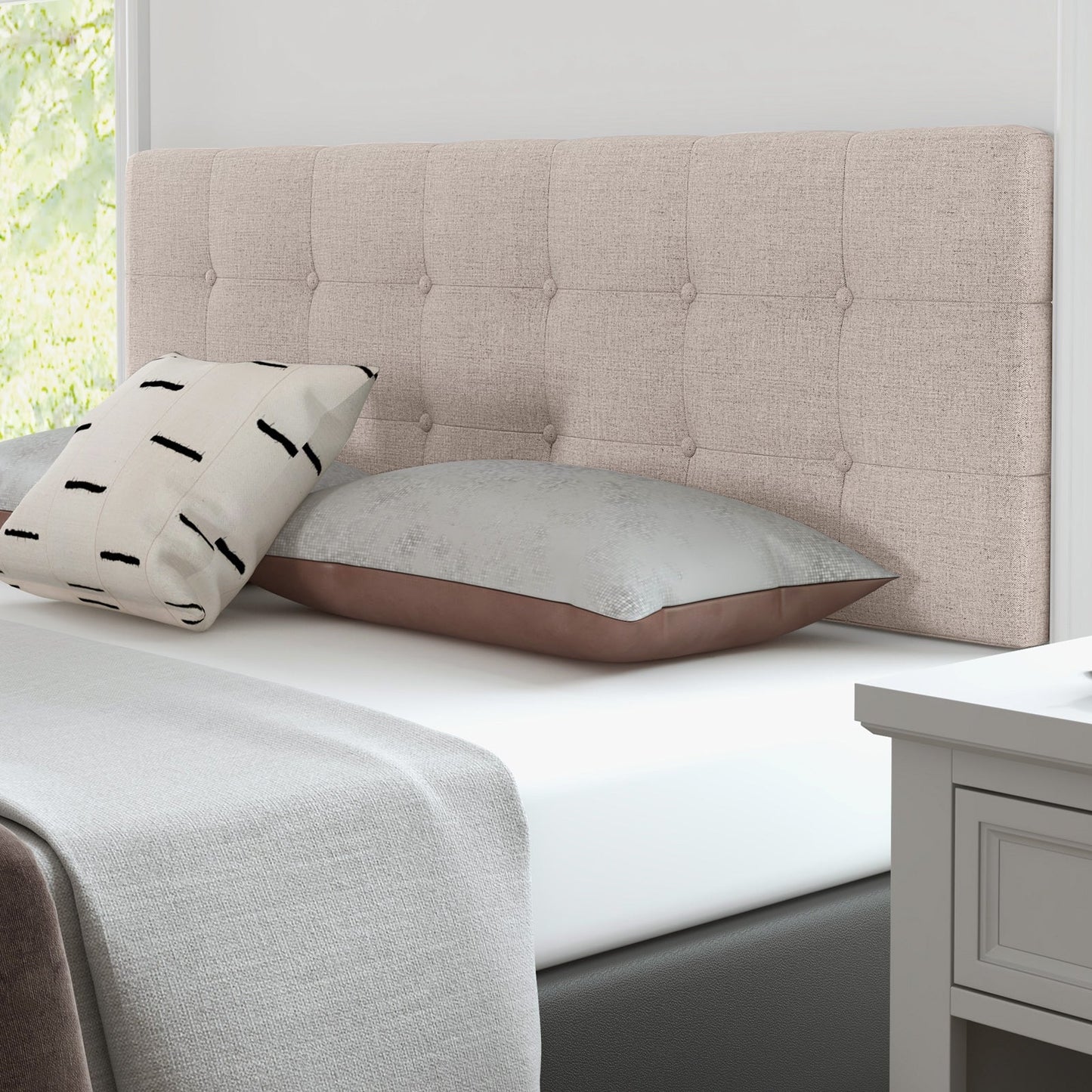 Cabecero tapizado en lino con patas de madera maciza de caucho - Beige