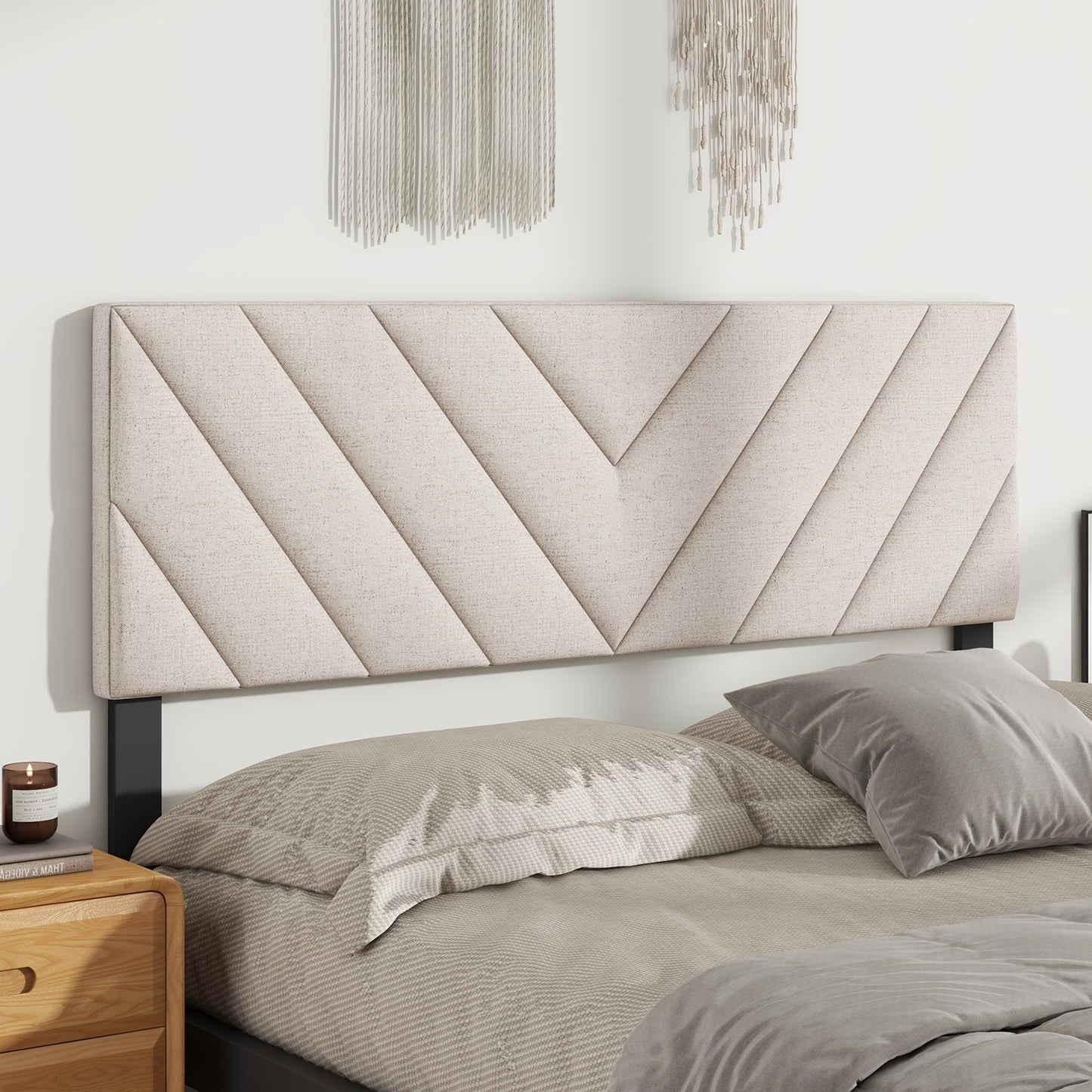 Cabecero tapizado de lino para camas de tamaño matrimonial y queen - Beige