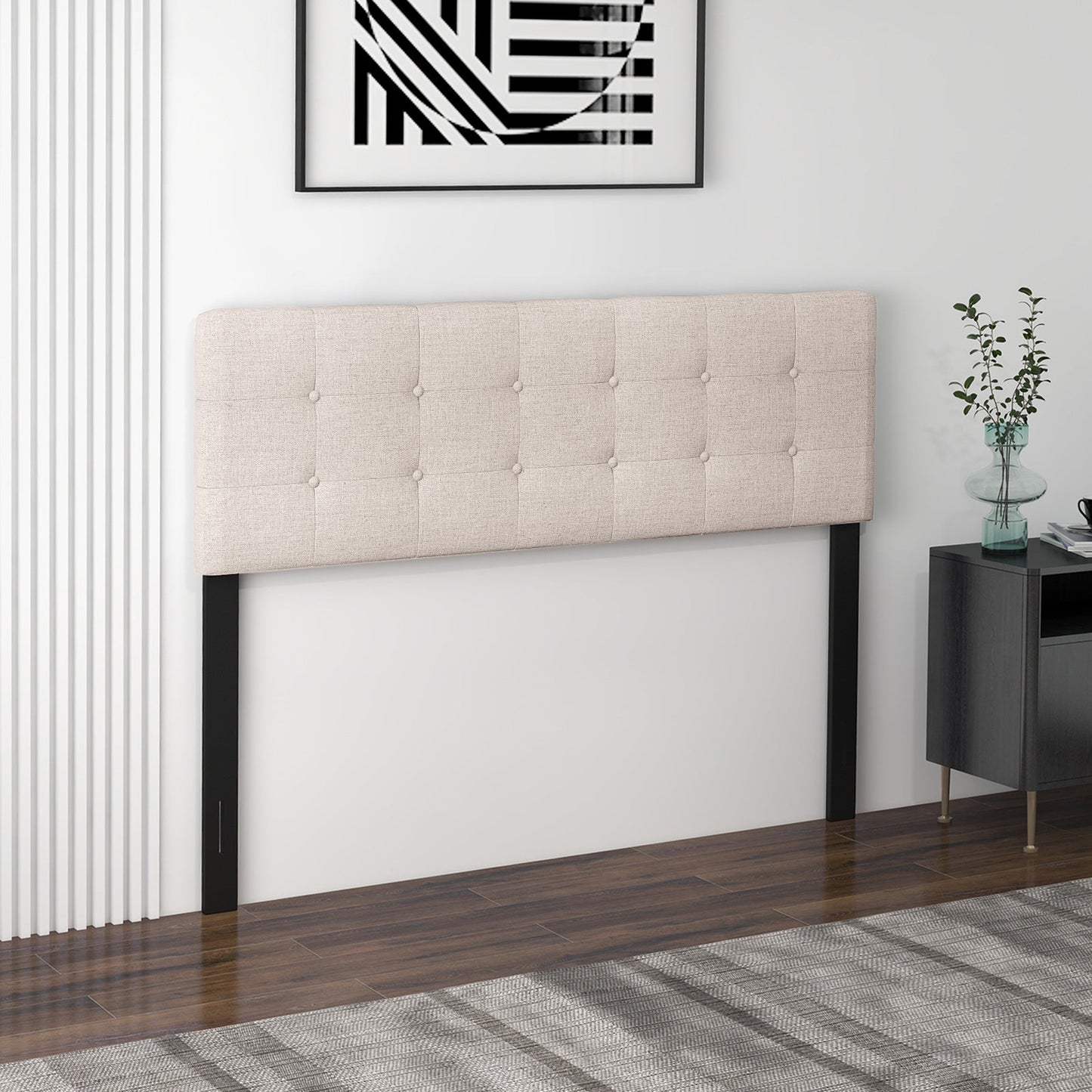 Cabecero tapizado en lino con patas de madera maciza de caucho - Beige