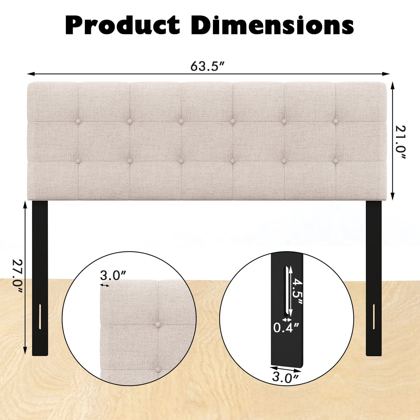 Cabecero tapizado en lino con patas de madera maciza de caucho - Beige