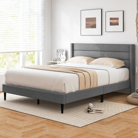 Linen upholstered platform bed with wingback headboard in grey, queen size, black legs on Tampa Home & Garden Store