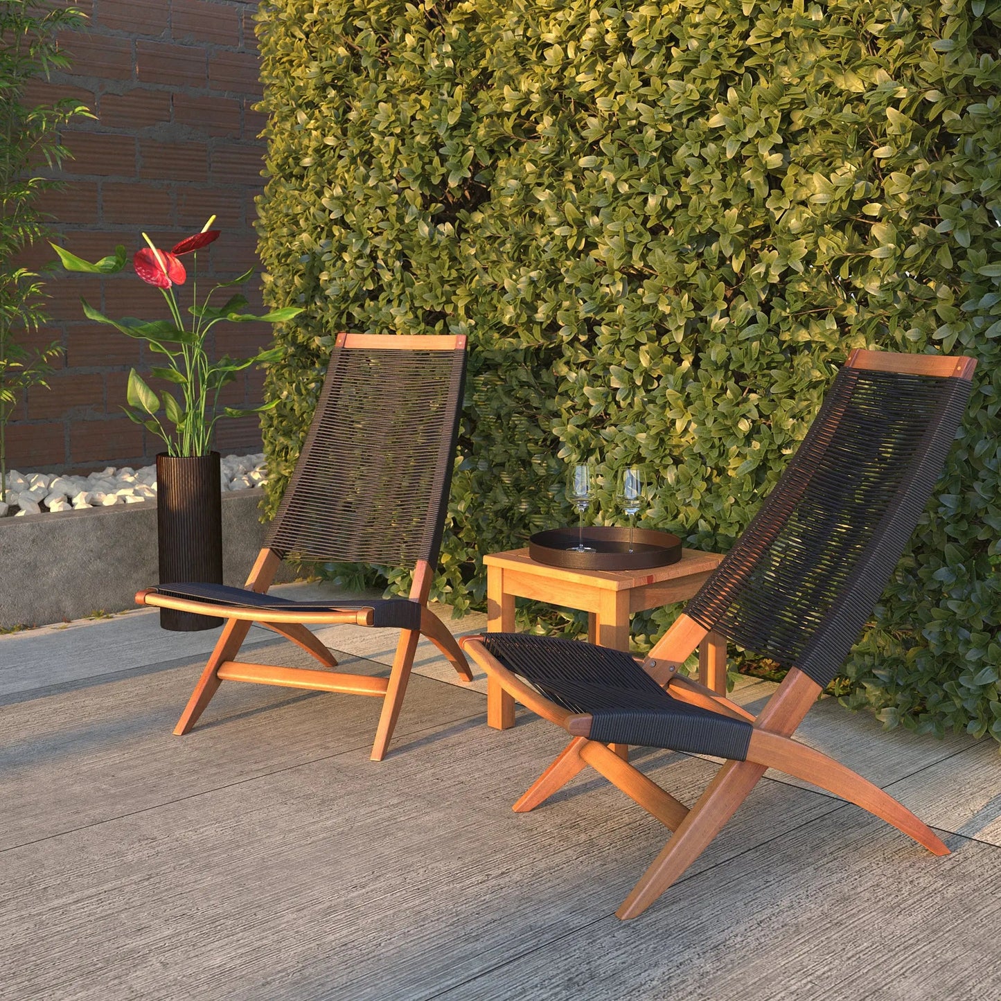 3 Lisa Modern Lounge Chairs with black woven seats and wood frames on Tampa Home & Garden Store