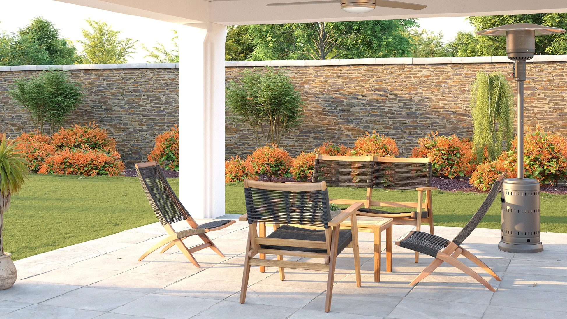 Lisa Modern Lounge Chair set of 4 outdoor chairs with black woven seats and wood frames on Tampa Home & Garden Store
