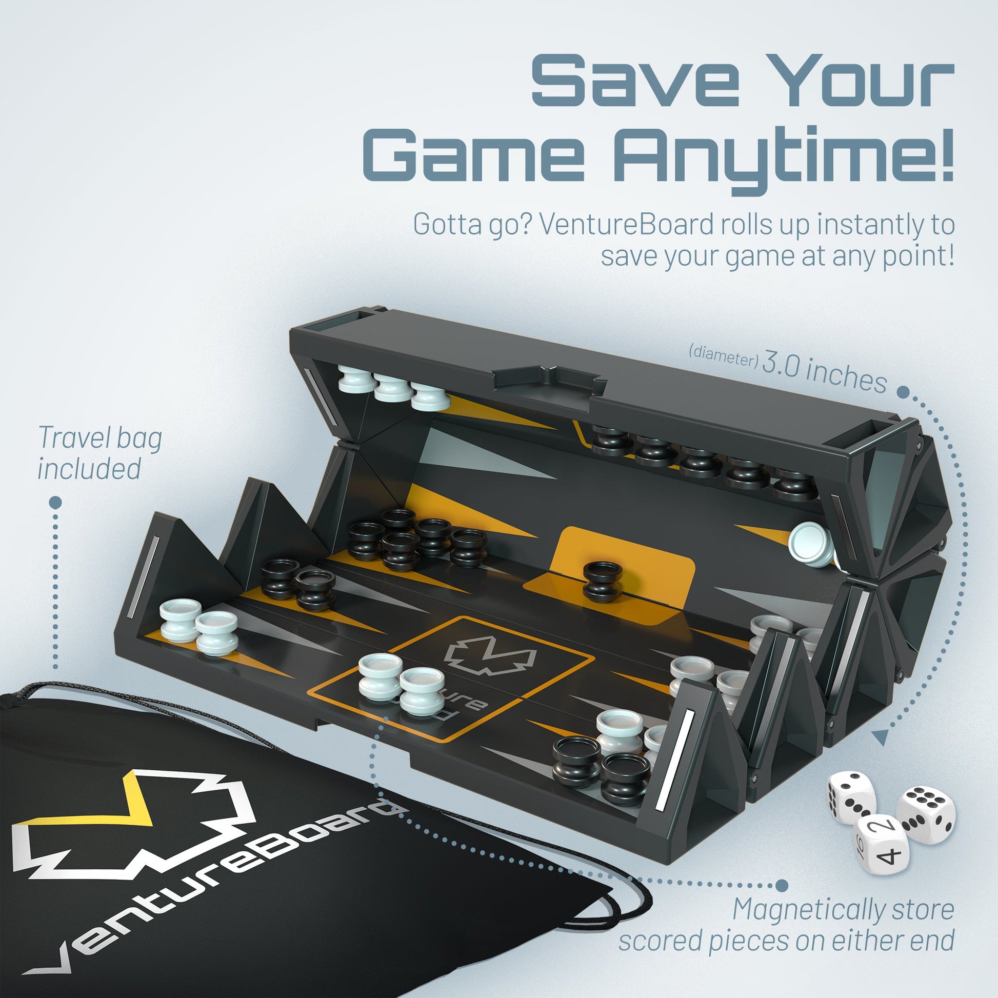 Mini Backgammon set by VentureBoard, black folding board with white pieces, board games on Tampa Home & Garden Store