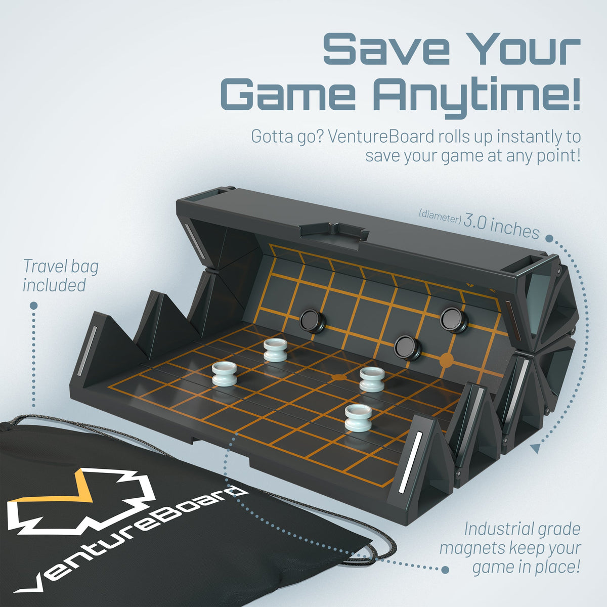 VentureBoard Mini Go board game in black travel case with orange grid stones bag included on Tampa Home & Garden Store