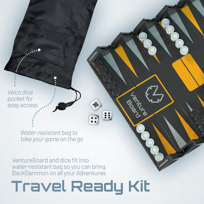 Mini Backgammon travel kit by VentureBoard with dark gray/orange board and white pieces on Tampa Home & Garden Store