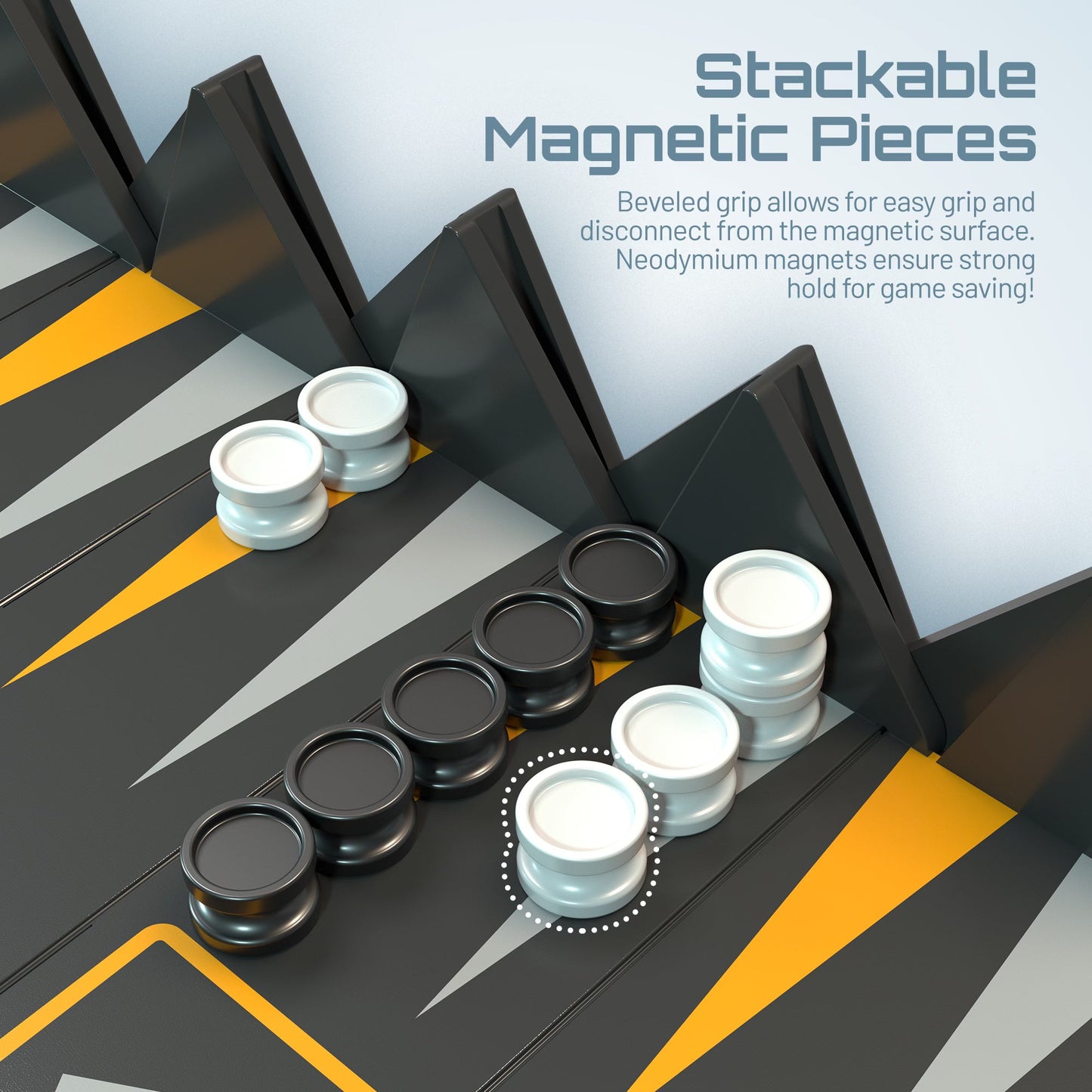 Mini Backgammon set with stackable magnetic pieces, white and black checkers on a board on Tampa Home & Garden Store