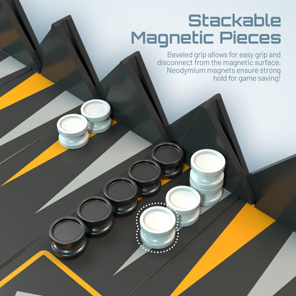 Mini Backgammon set with stackable magnetic pieces, white and black checkers on a board on Tampa Home & Garden Store