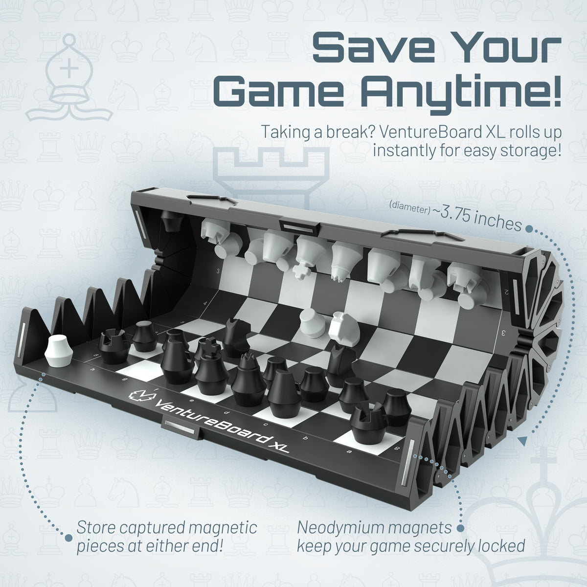 VentureBoard XL Chess Set with magnetic pieces on a foldable black gray board on Tampa Home & Garden Store