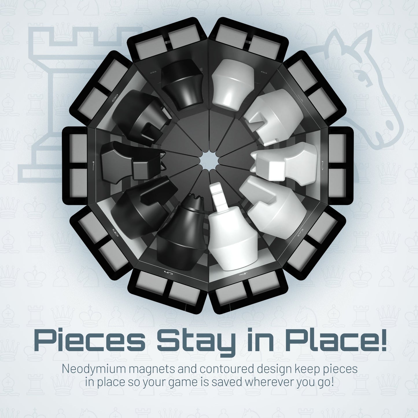XL Chess magnetic chess set by VentureBoard with black and white pieces around a circular board on Tampa Home & Garden Store