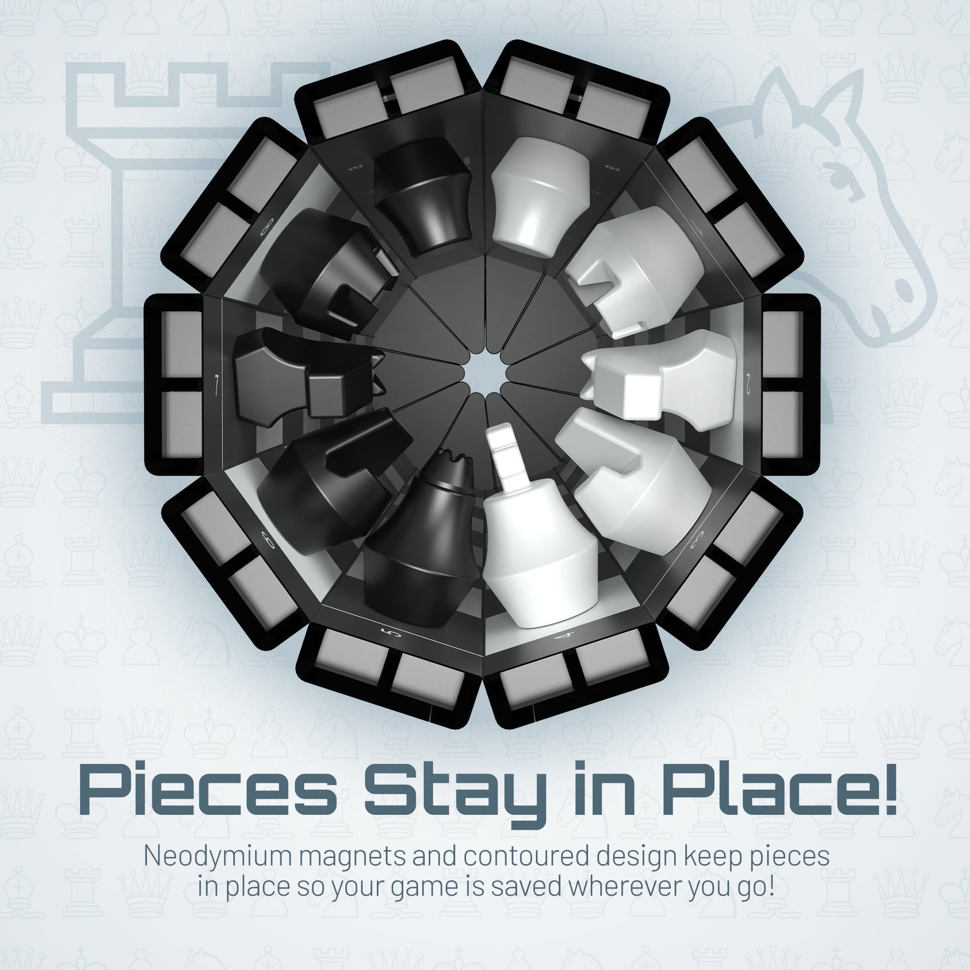 XL Chess magnetic chess set by VentureBoard with black and white pieces around a circular board on Tampa Home & Garden Store