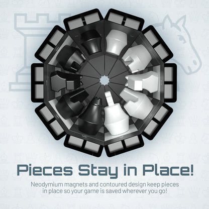 XL Chess magnetic chess set by VentureBoard with black and white pieces around a circular board on Tampa Home & Garden Store