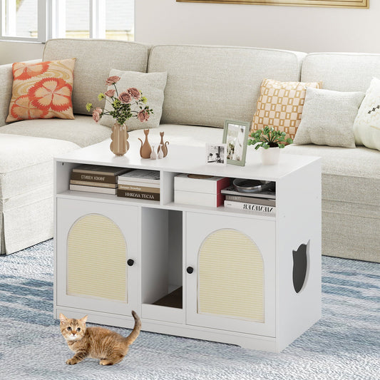 43 Inches Cat Litter Box Enclosure with Storage and Double Rooms-White - Tampa Home & Garden Store