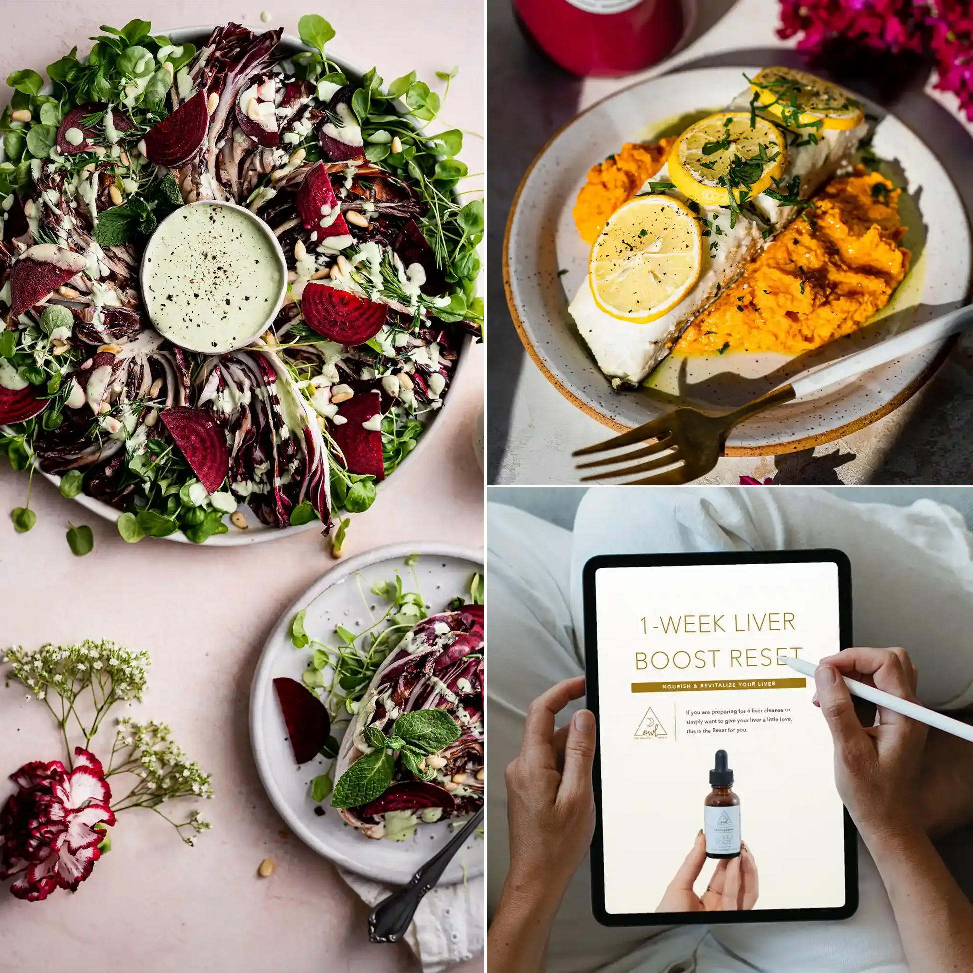 1-Week Liver Boost Reset cleanse by OWL Venice shown beside a vibrant red beet and greens salad on Tampa Home & Garden Store
