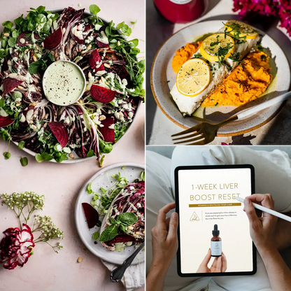 1-Week Liver Boost Reset cleanse by OWL Venice shown beside a vibrant red beet and greens salad on Tampa Home & Garden Store