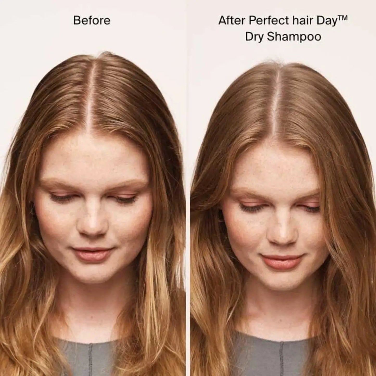 Living Proof Perfect Hair Day Dry Shampoo 2-panel before/after showing brunette hair on Tampa Home & Garden Store