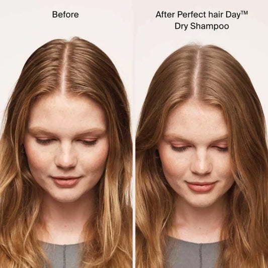 Living Proof Perfect Hair Day Dry Shampoo 2-panel before/after showing brunette hair on Tampa Home & Garden Store