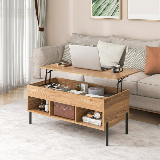 Mesa de centro para sala de estar con tablero elevable y patas metálicas - Natural