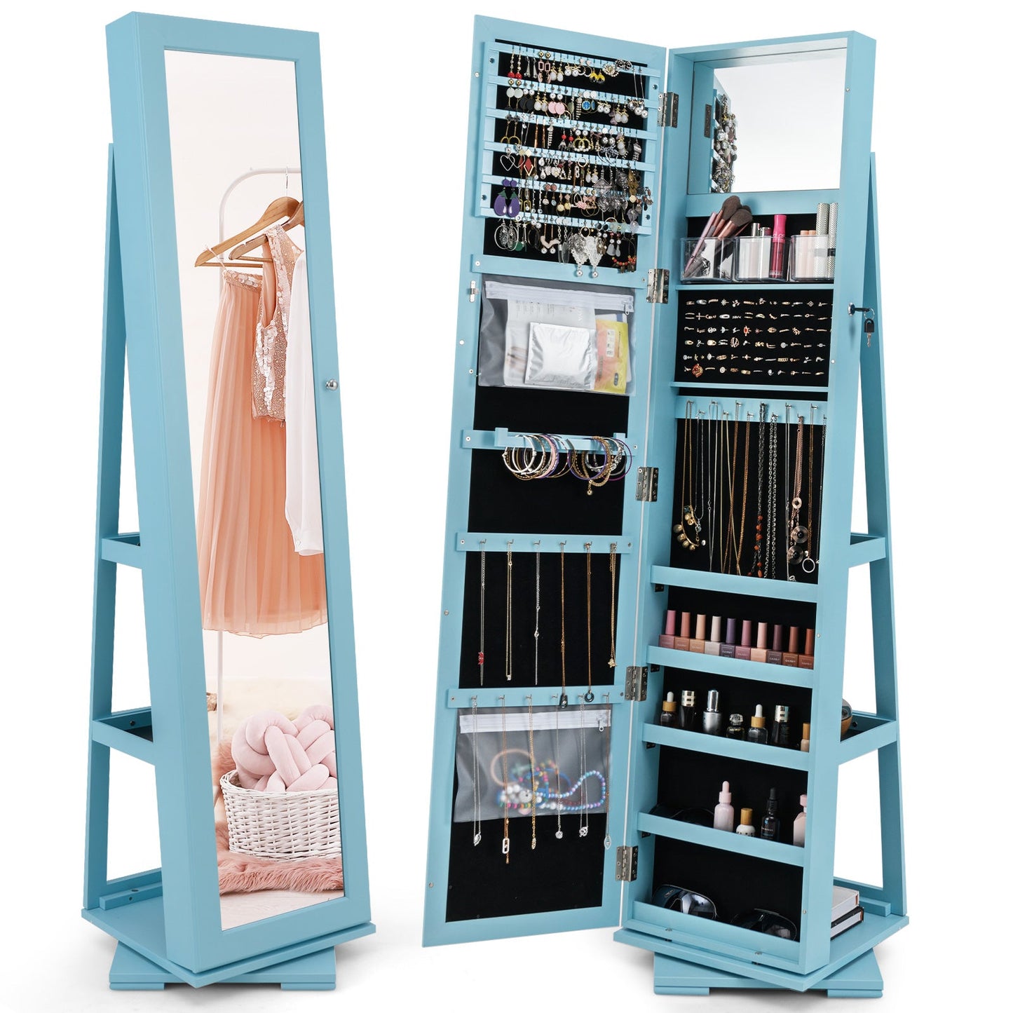 360° Rotatable 2-in-1 Lockable Jewelry Cabinet with Full-Length Mirror-Brown