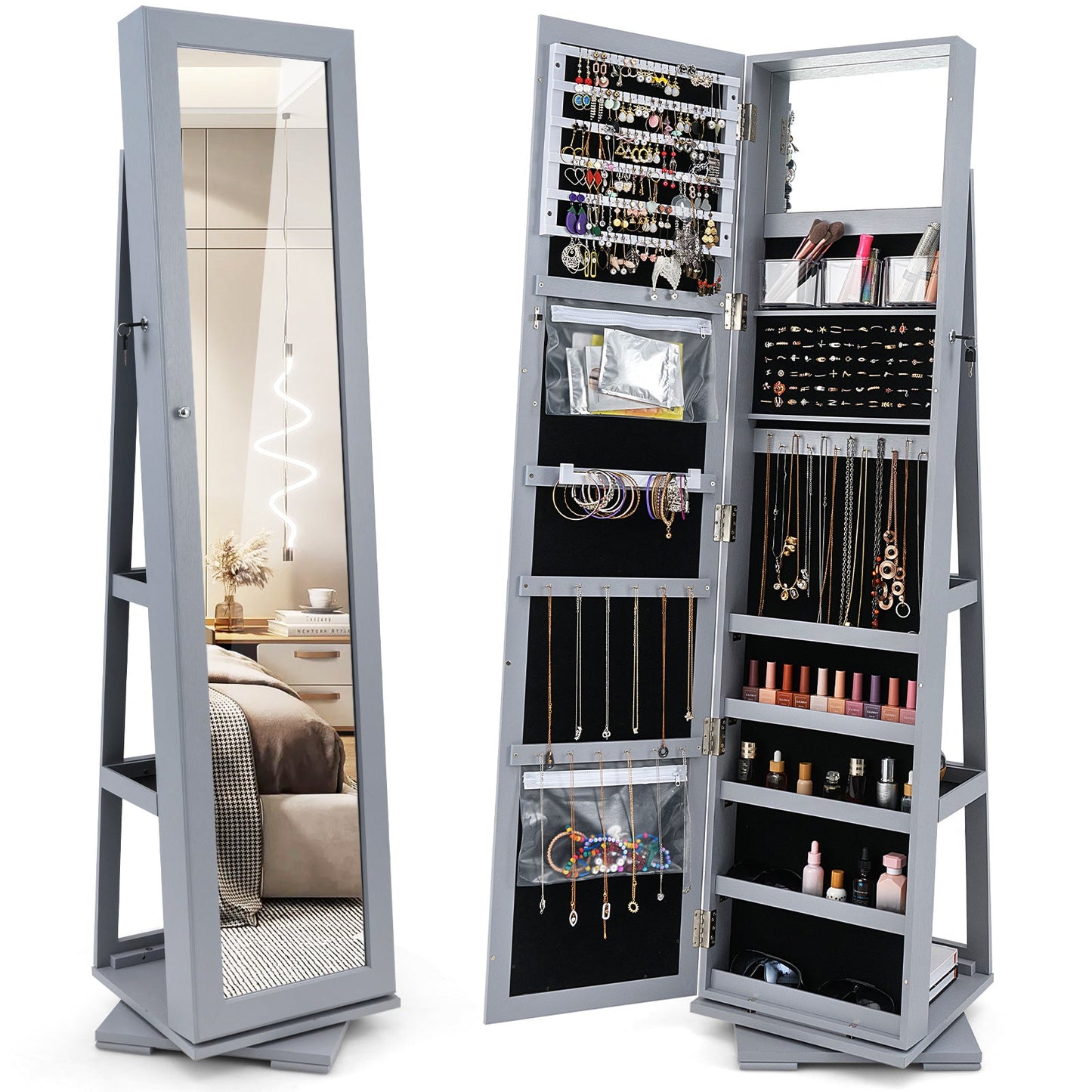 360° Rotatable 2-in-1 Lockable Jewelry Cabinet with Full-Length Mirror-Brown