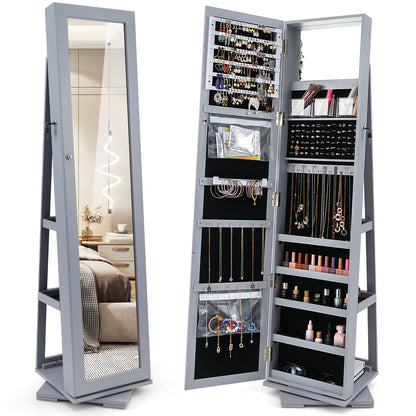360° Rotatable 2-in-1 Lockable Jewelry Cabinet with Full-Length Mirror-Brown