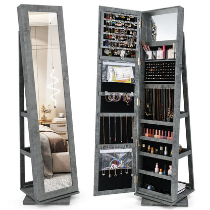 360° Rotatable 2-in-1 Lockable Jewelry Cabinet with Full-Length Mirror-Brown