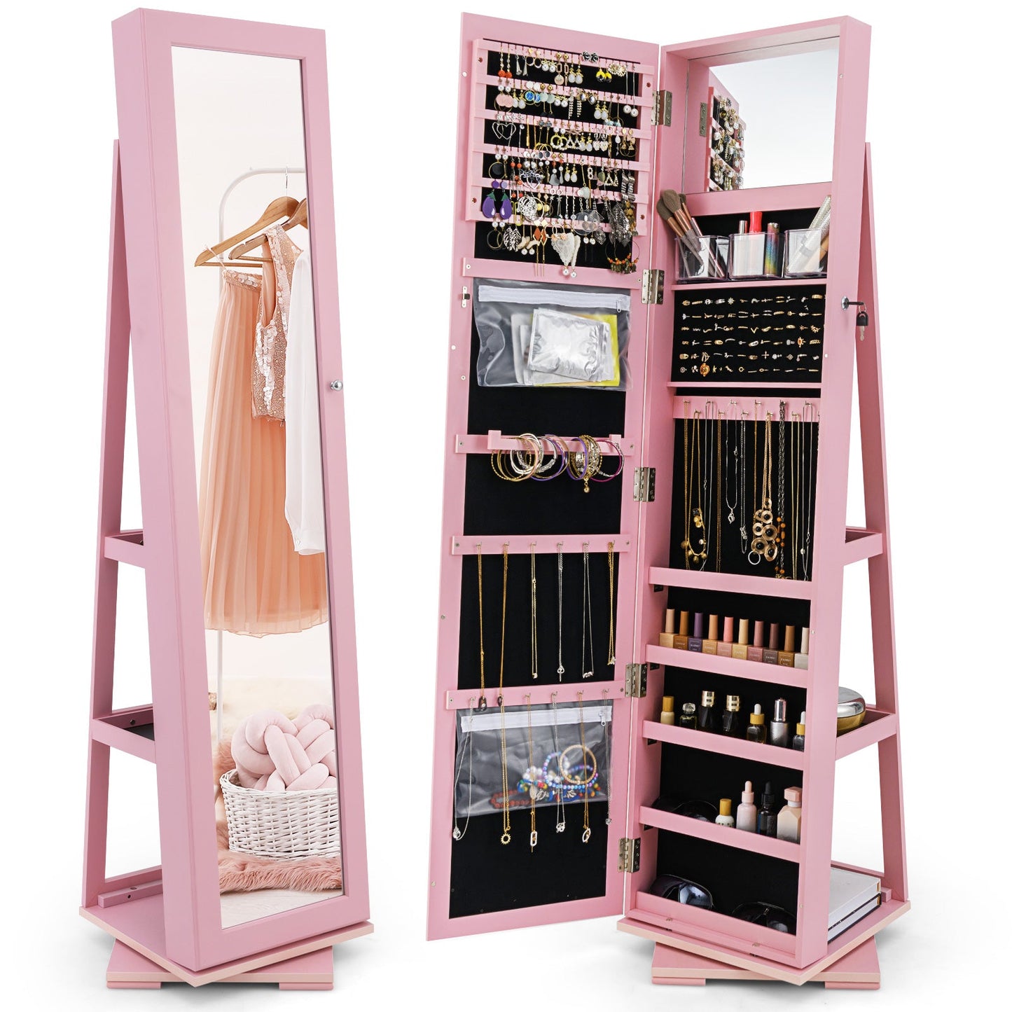 360° Rotatable 2-in-1 Lockable Jewelry Cabinet with Full-Length Mirror-Brown