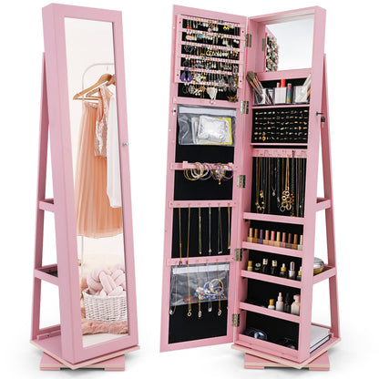 360° Rotatable 2-in-1 Lockable Jewelry Cabinet with Full-Length Mirror-Brown