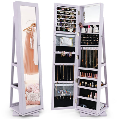 360° Rotatable 2-in-1 Lockable Jewelry Cabinet with Full-Length Mirror-Brown