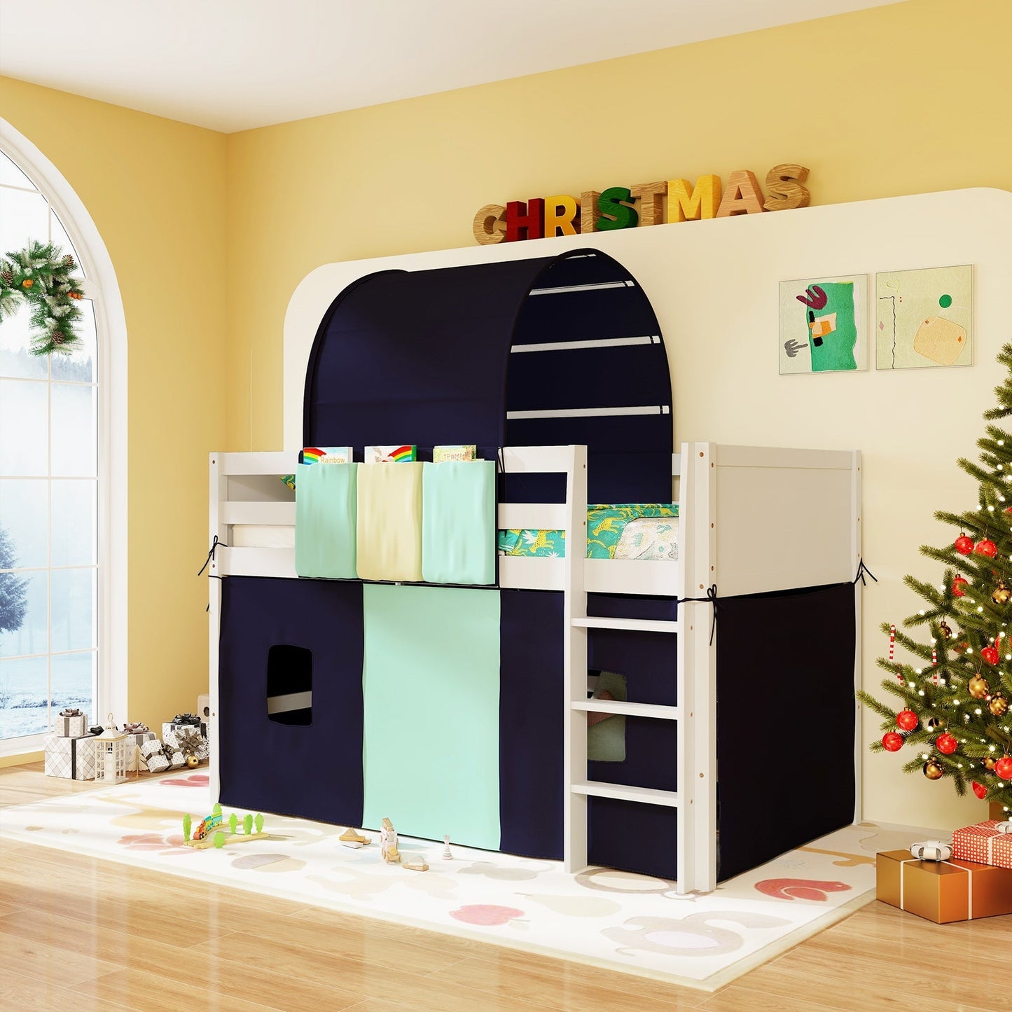 GemGear twin loft bed playhouse with navy tower tent and 3 storage pockets on Tampa Home & Garden Store
