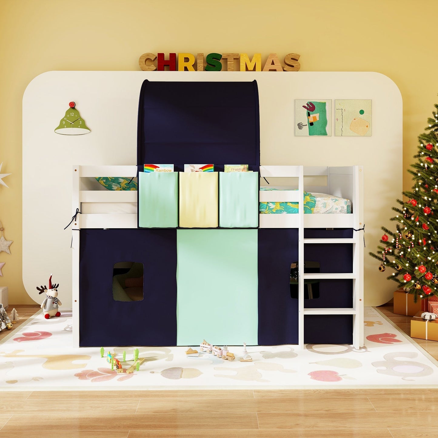 Twin size loft bed playhouse with navy canopy and mint panels and 3 storage pockets GemGear on Tampa Home & Garden Store