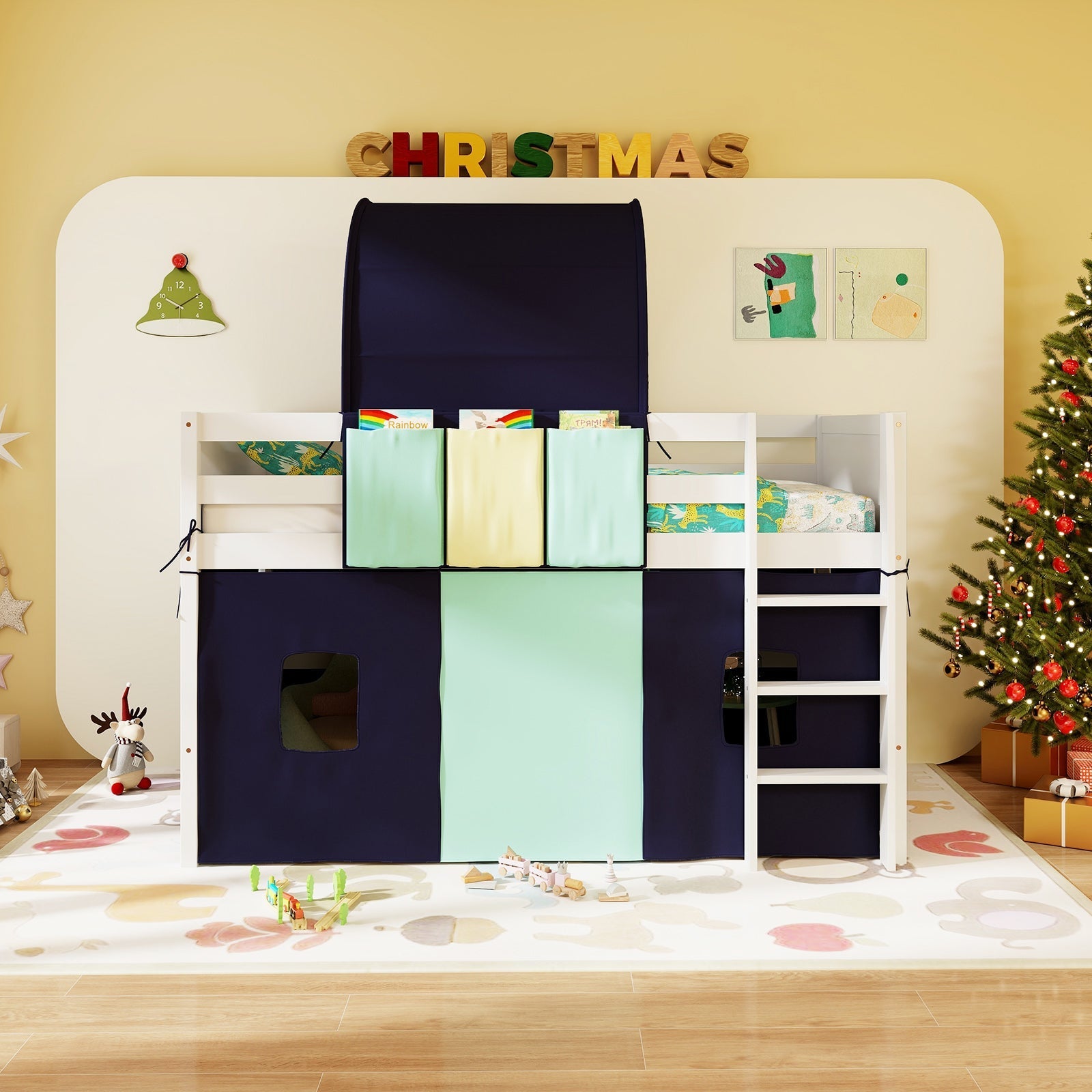 Twin size loft bed playhouse with navy canopy and mint panels and 3 storage pockets GemGear on Tampa Home & Garden Store