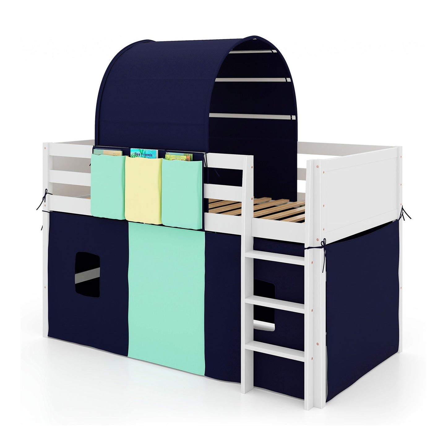 GemGear twin size loft bed playhouse with navy canopy and white frame, 3 pockets on Tampa Home & Garden Store
