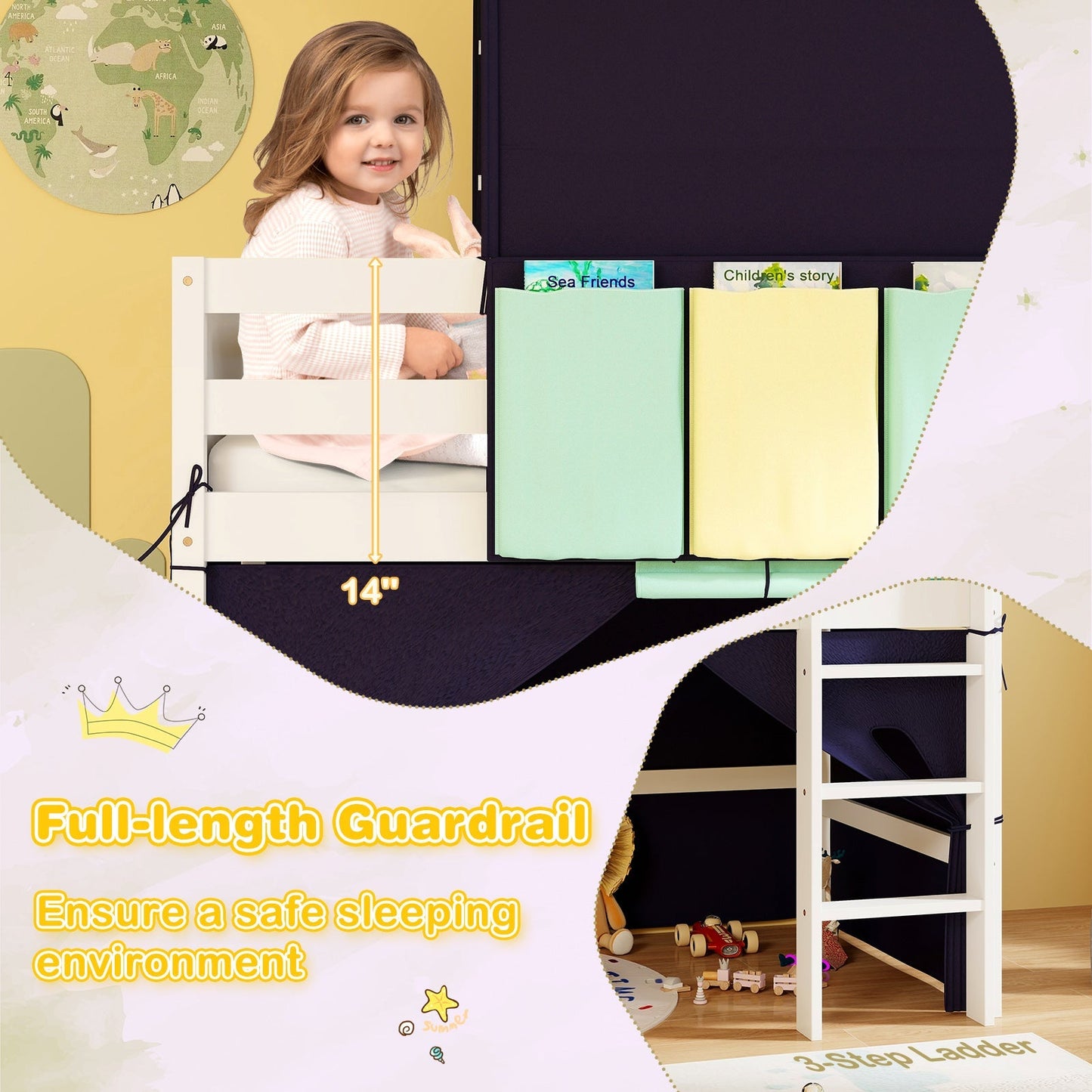 GemGear twin loft bed playhouse with tent and 3 storage pockets, white frame and panels on Tampa Home & Garden Store