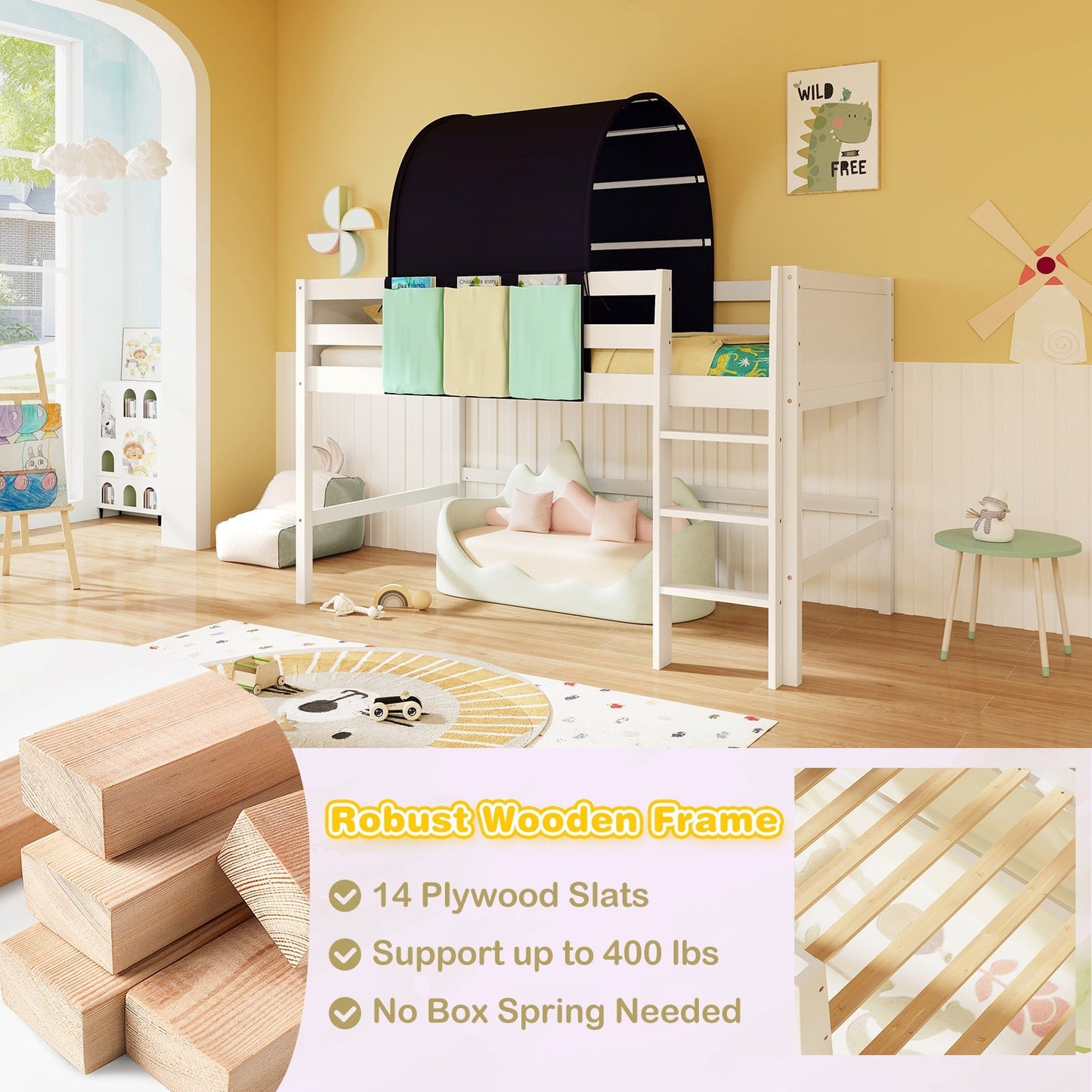 GemGear twin size loft bed with tower tent, white frame and black canopy, 3 storage pockets on Tampa Home & Garden Store