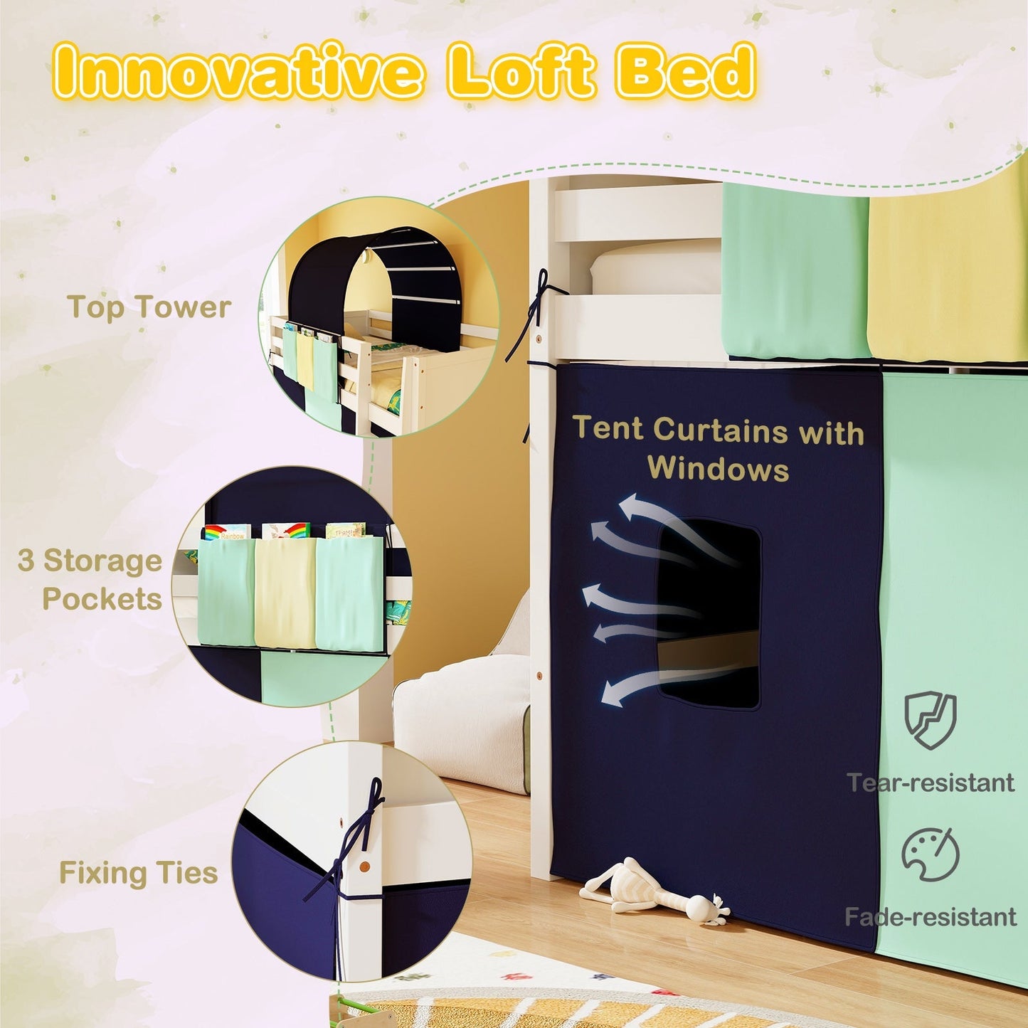 GemGear Twin Size Loft Bed Playhouse Bed Frame with Tower Tent and 3 Storage Pockets on Tampa Home & Garden Store