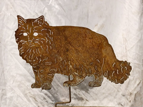Long Haired Cat yard art metal silhouette in rust finish by Rustica lawn ornament on stake on Tampa Home & Garden Store