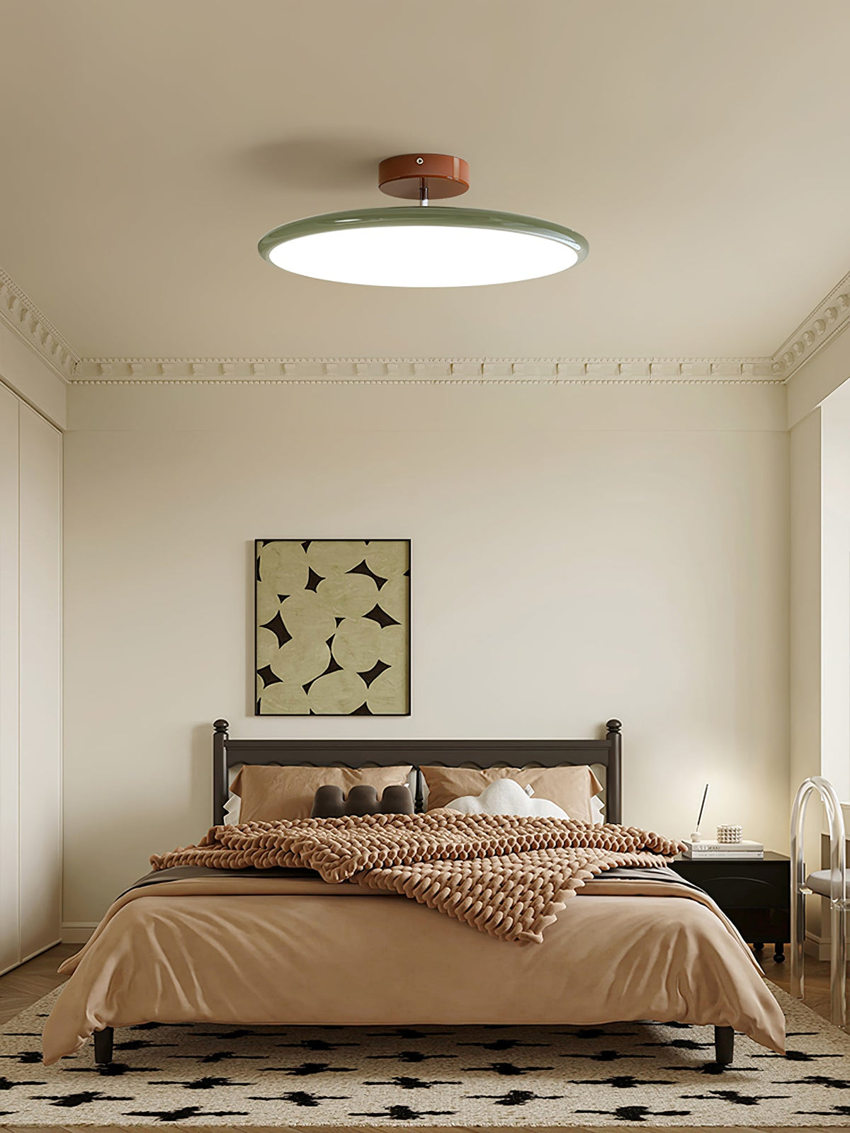 Orbitra flush-mount LED ceiling light with swivel arm, dimmable beige-green fixture on Tampa Home & Garden Store