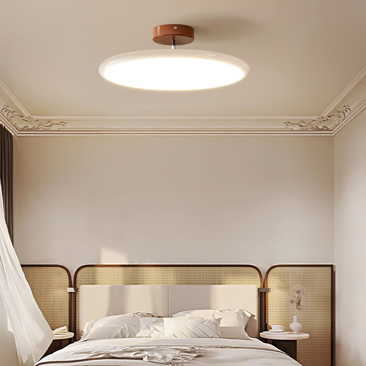 Orbitra flush mount LED ceiling light with swivel arm, beige dimmable fixture on Tampa Home & Garden Store