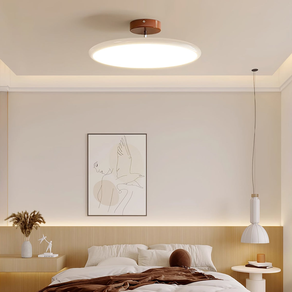 Orbitra flush mount LED ceiling light with swivel arm, dimmable white disk on brown mount on Tampa Home & Garden Store