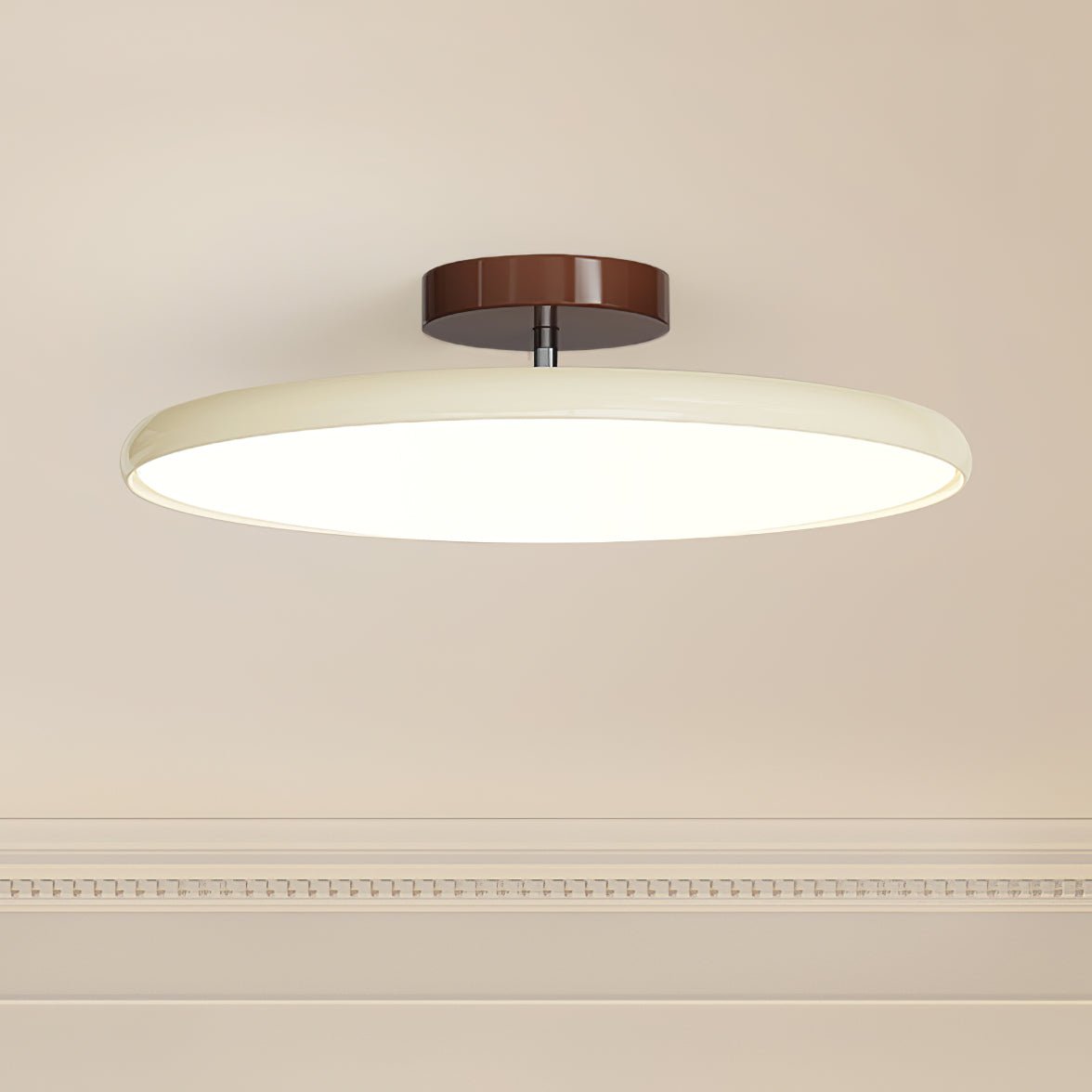 Orbitra flush-mount LED ceiling light with swivel arm in beige shade and brown canopy on Tampa Home & Garden Store