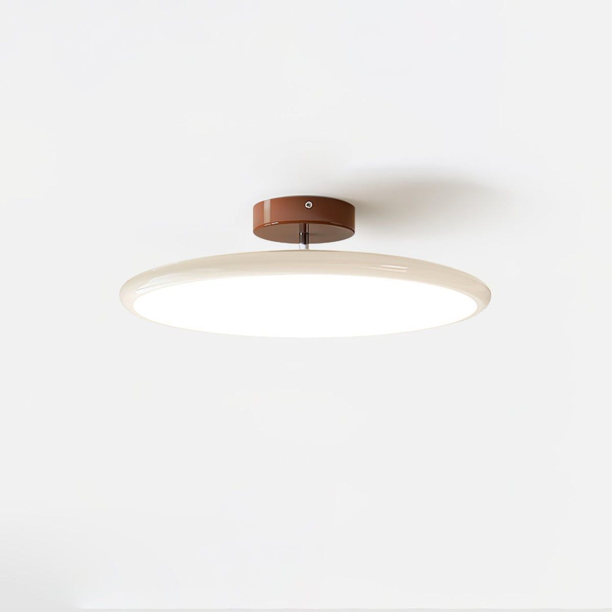 Orbitra flush mount LED ceiling light with beige circular ring and brown canopy on Tampa Home & Garden Store