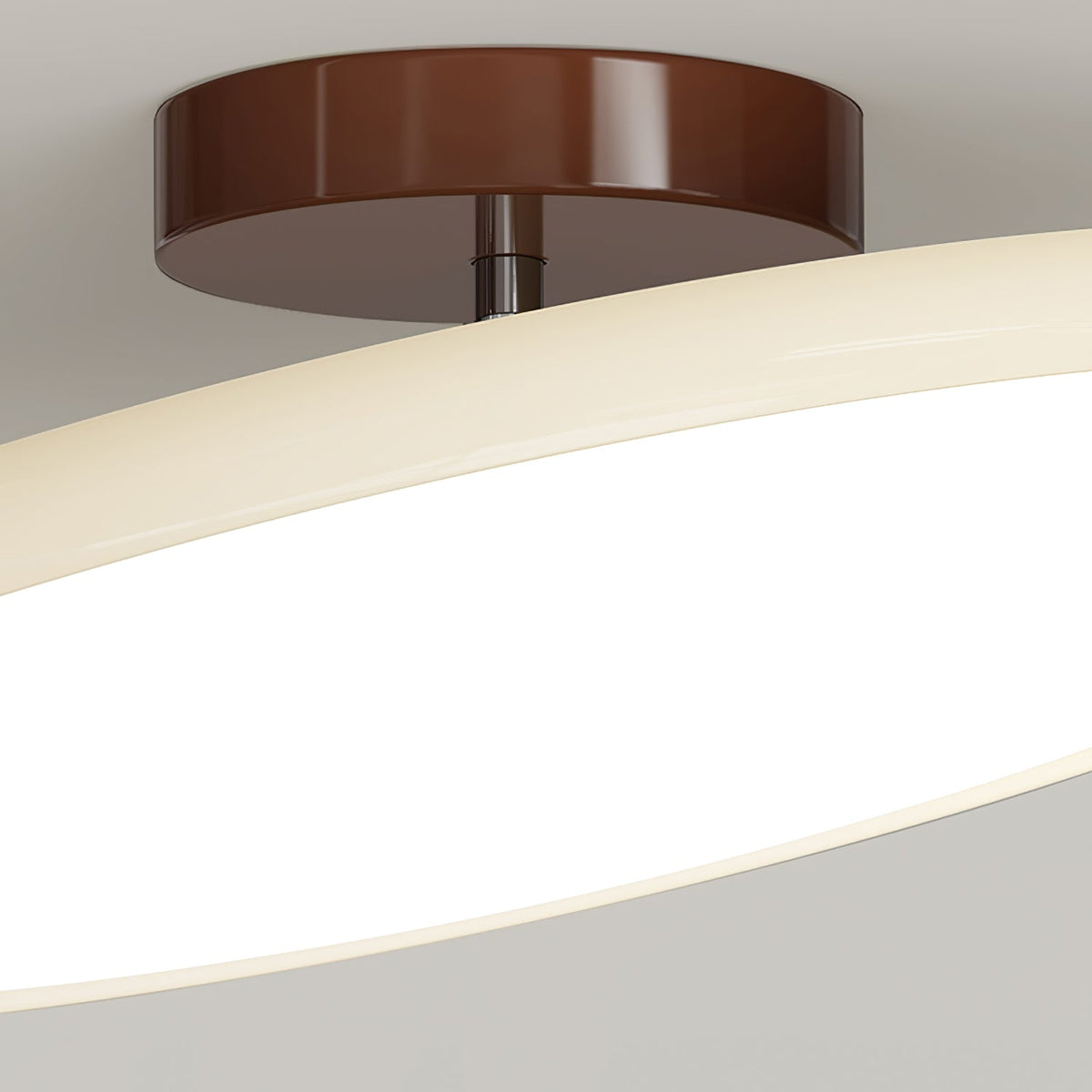 Orbitra flush mount LED ceiling light with swivel arm, beige curved shade and brown canopy on Tampa Home & Garden Store