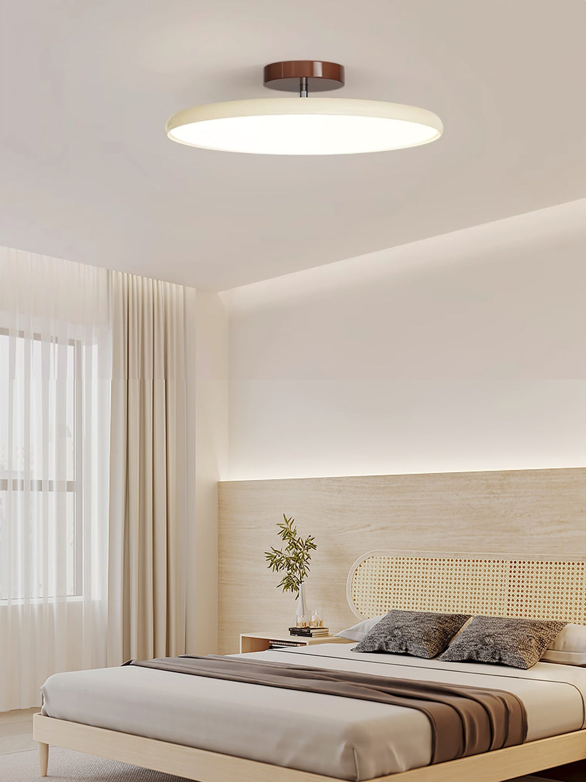 Orbitra flush mount LED ceiling light with swivel arm in beige, dimmable bedroom fixture on Tampa Home & Garden Store