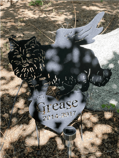 Long Haired Cat yard art in black metal with winged cat and Grease 2014-2017 plaque on Tampa Home & Garden Store