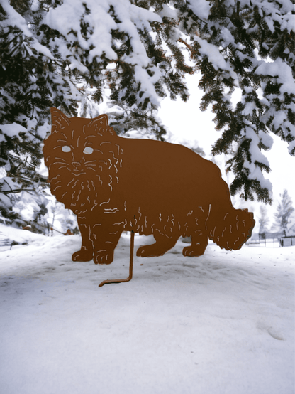 Long Haired Cat Yard Art metal sculpture by Rustica Ornamentals, rust color lawn ornament on Tampa Home & Garden Store