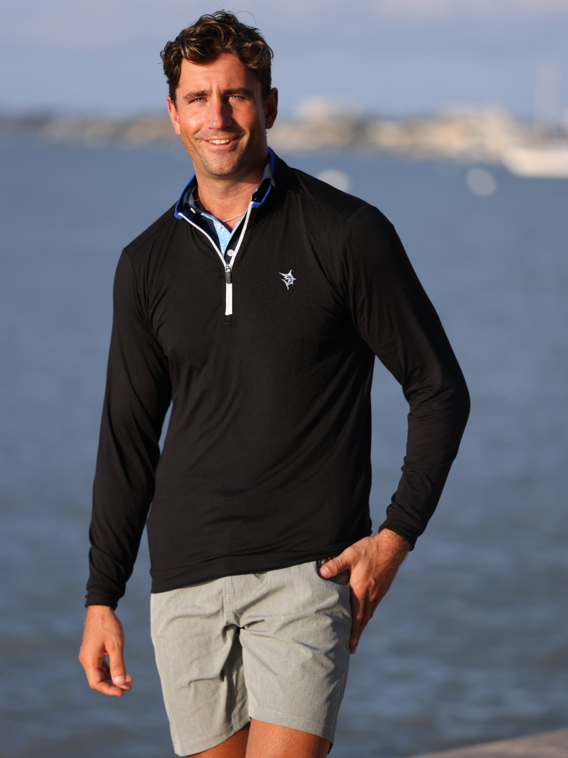 Long Beach Quarter Zip black long-sleeve top White Water Life with logo on Tampa Home & Garden Store